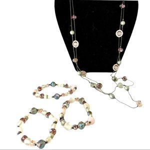 Gunmetal Glass and Long Acrylic Beaded Necklace Bracelet and Earring Matched Set